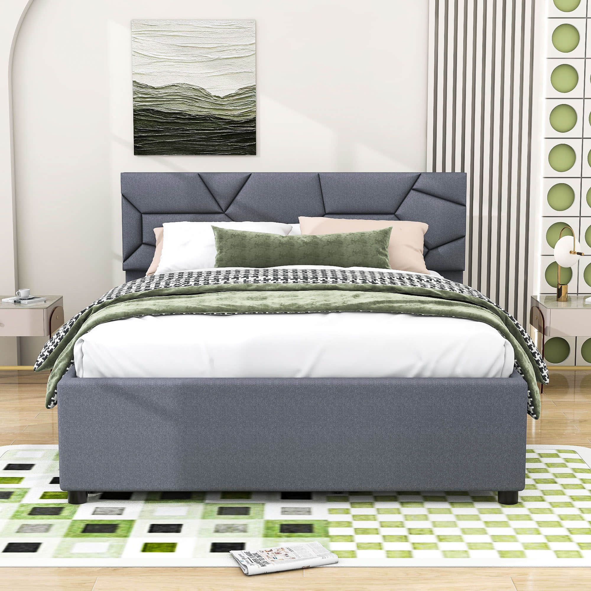 Queen Platform Upholstered Bed Frame with Headboard, Twin XL Trundle Bed