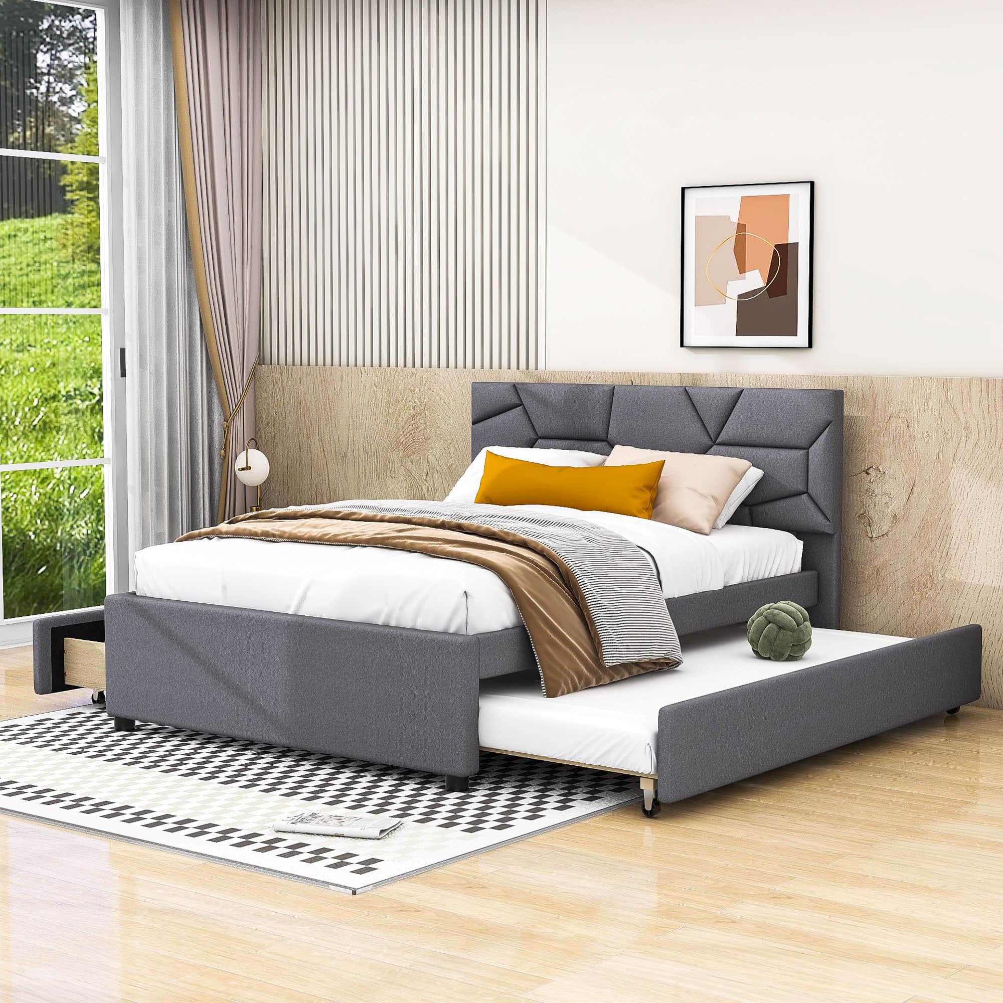 Full Size Upholstered Platform Bed with Trundle and Storage - [Drawers, Linen]