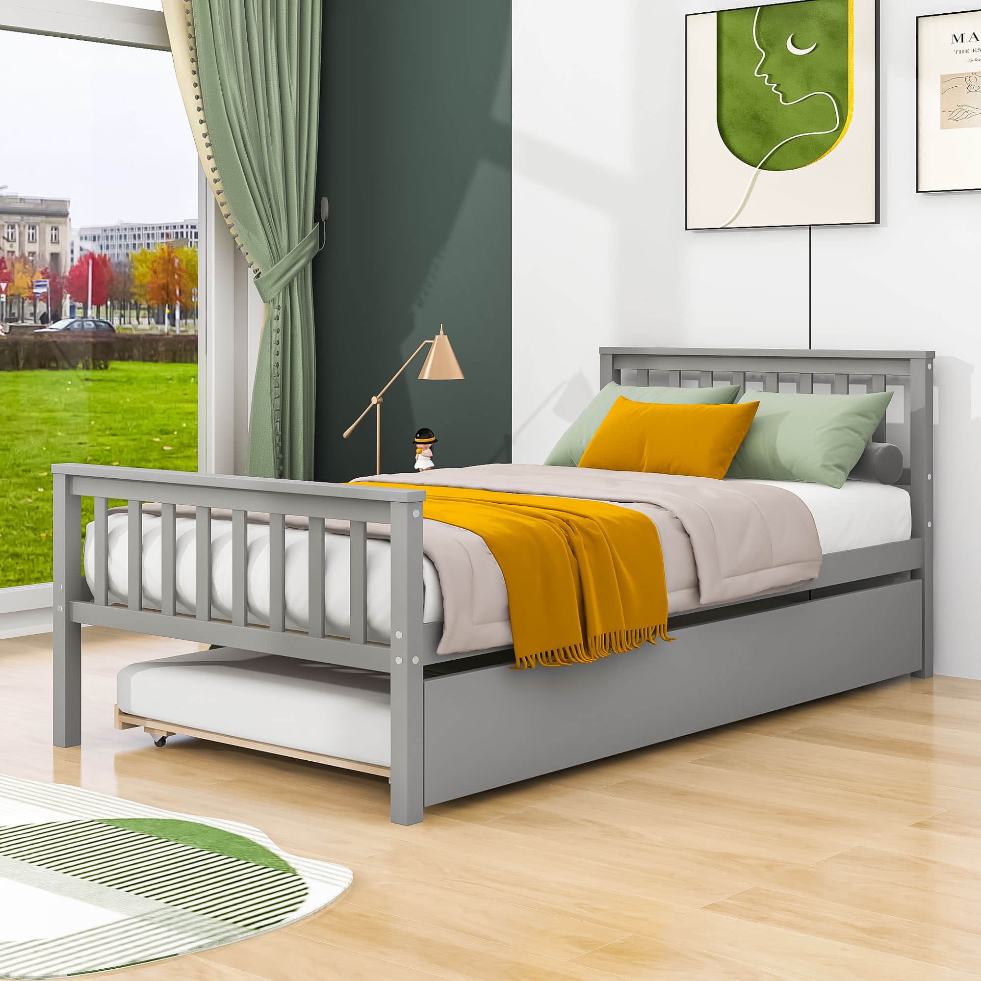 Twin Platform Bed Frame with Twin Trundle and Headboard - [Wooden, Footboard]