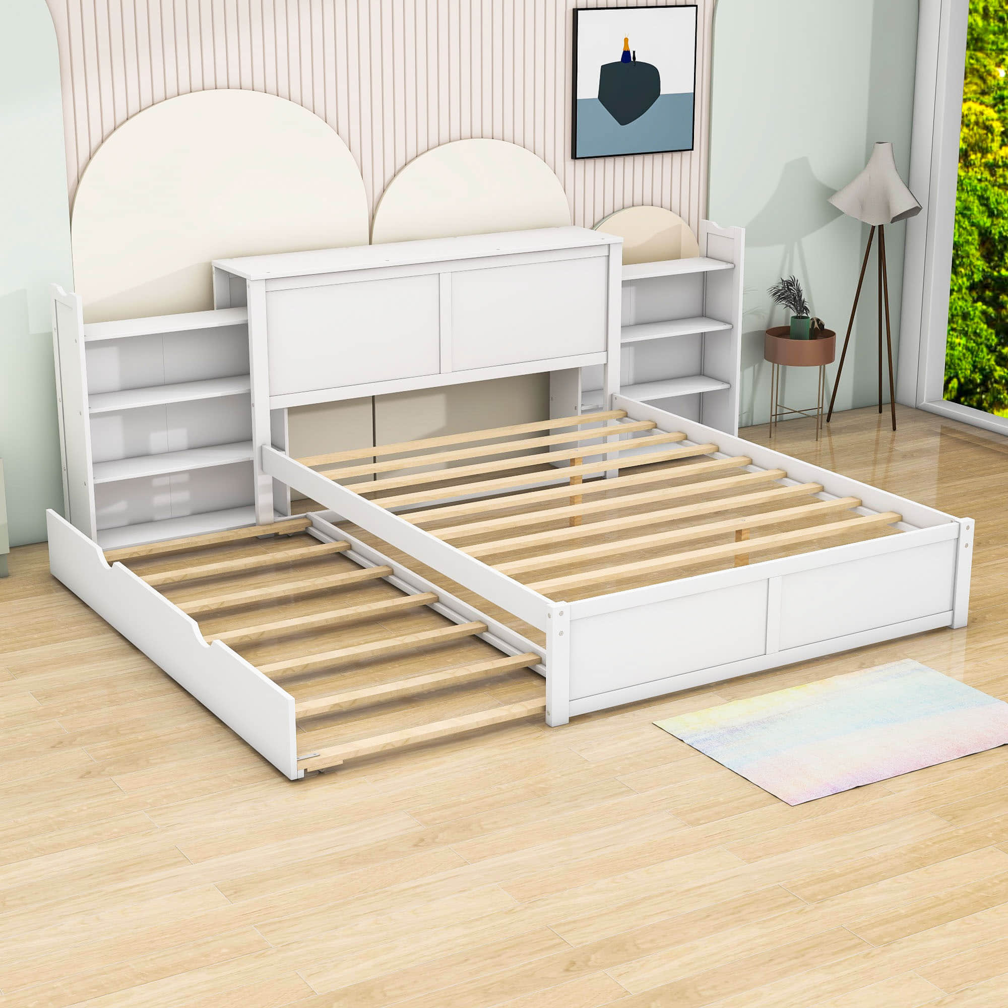 Queen Platform Bed Frame with Pull Out Shelves and Twin XL Trundle