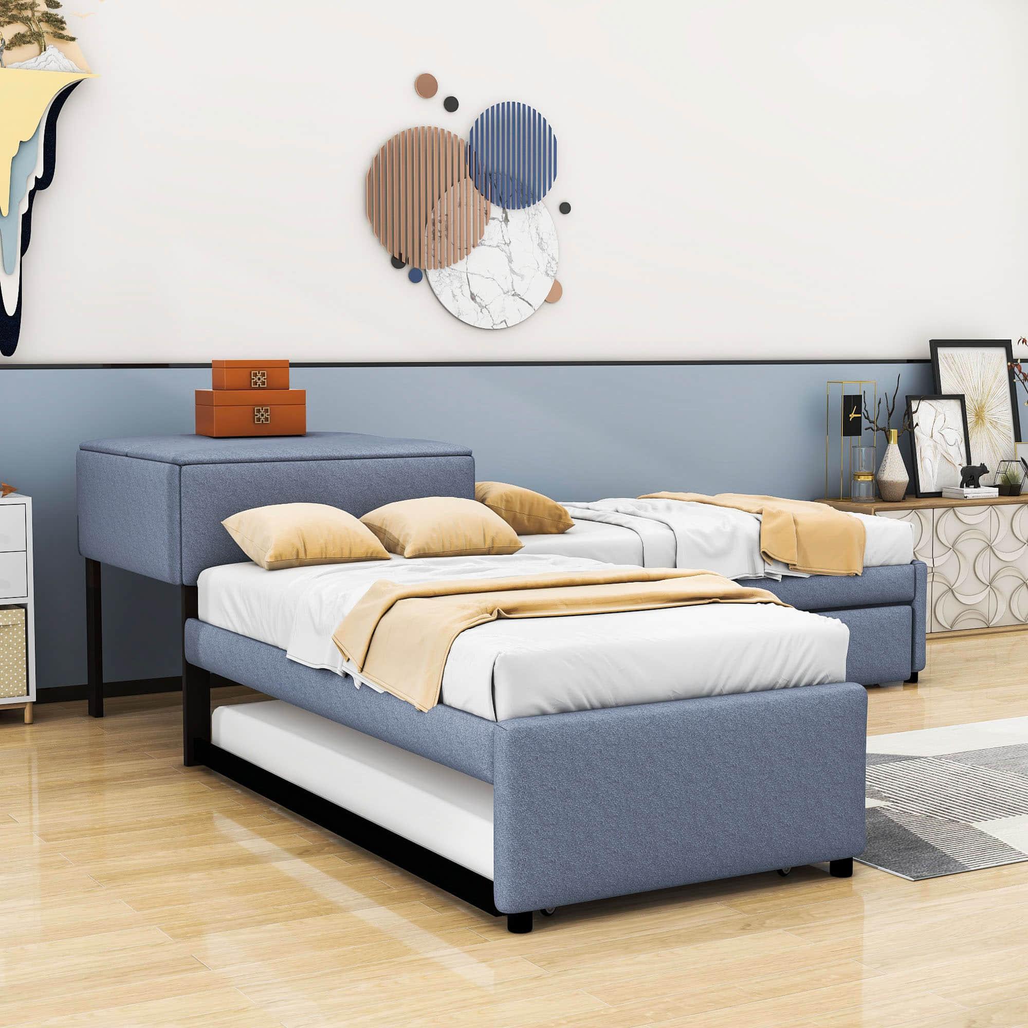 L-Shaped Corner Upholstered Twin Bed with Trundle and Storage - [Drawers, Table]