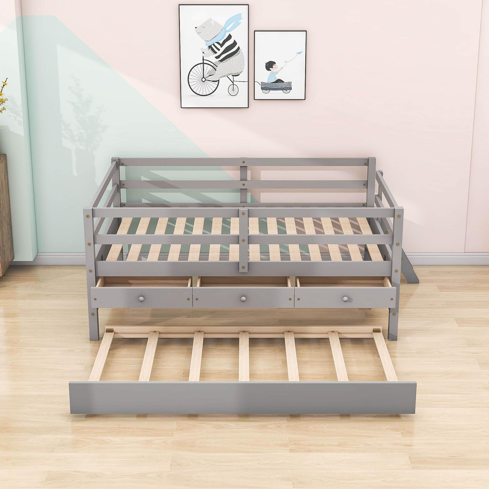 Solid Wood Low Full Size Kids Bed with Trundle and Storage - [Drawers, Rails]