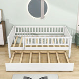 Wooden Twin Low Kids Bed with Twin Size Trundle and Rails