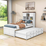 Solid Wood Twin Captains Bed with Twin Trundle and Storage - [Drawers, Shelves]