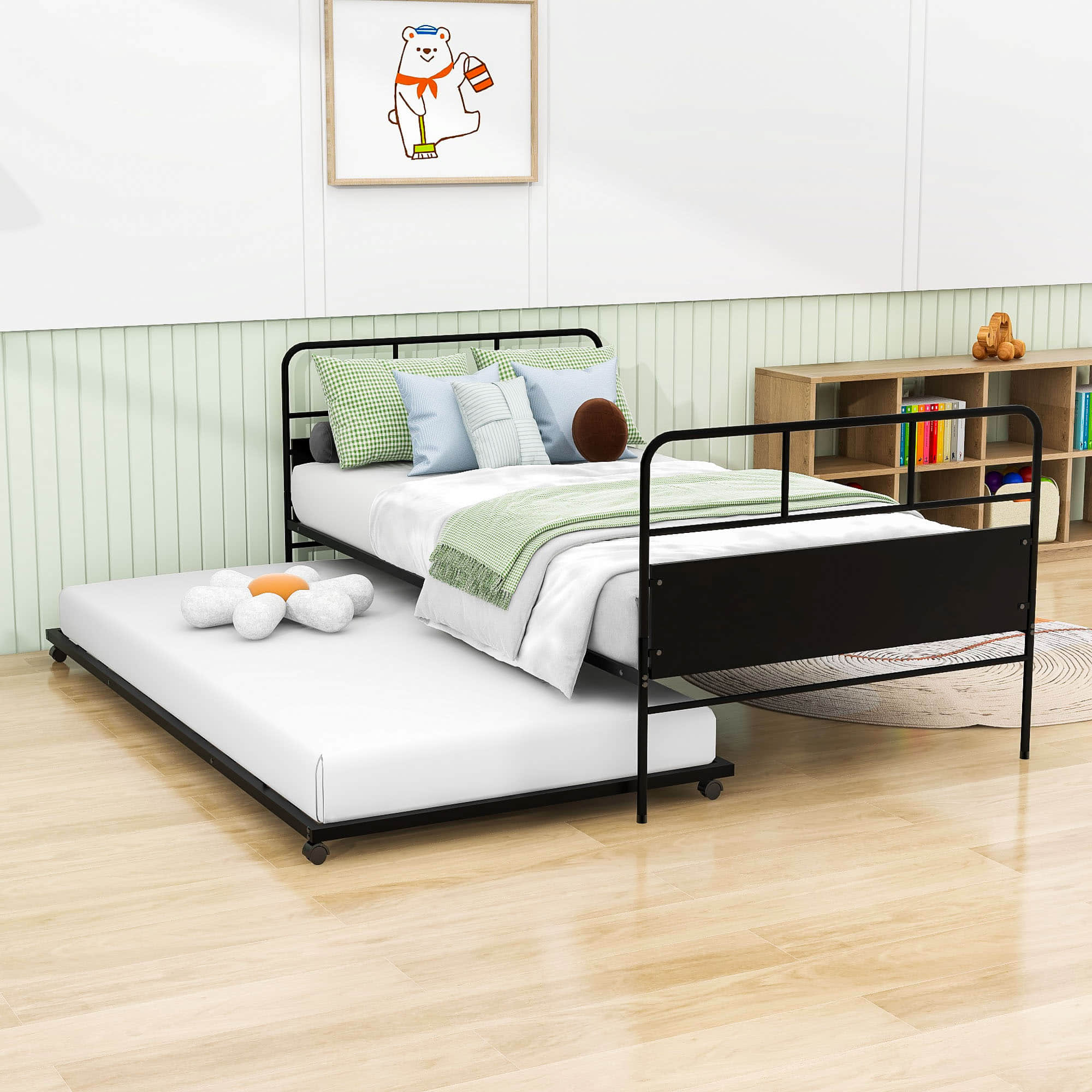 Twin Size Metal Day Bed Frame with Twin Trundle - [Backless]