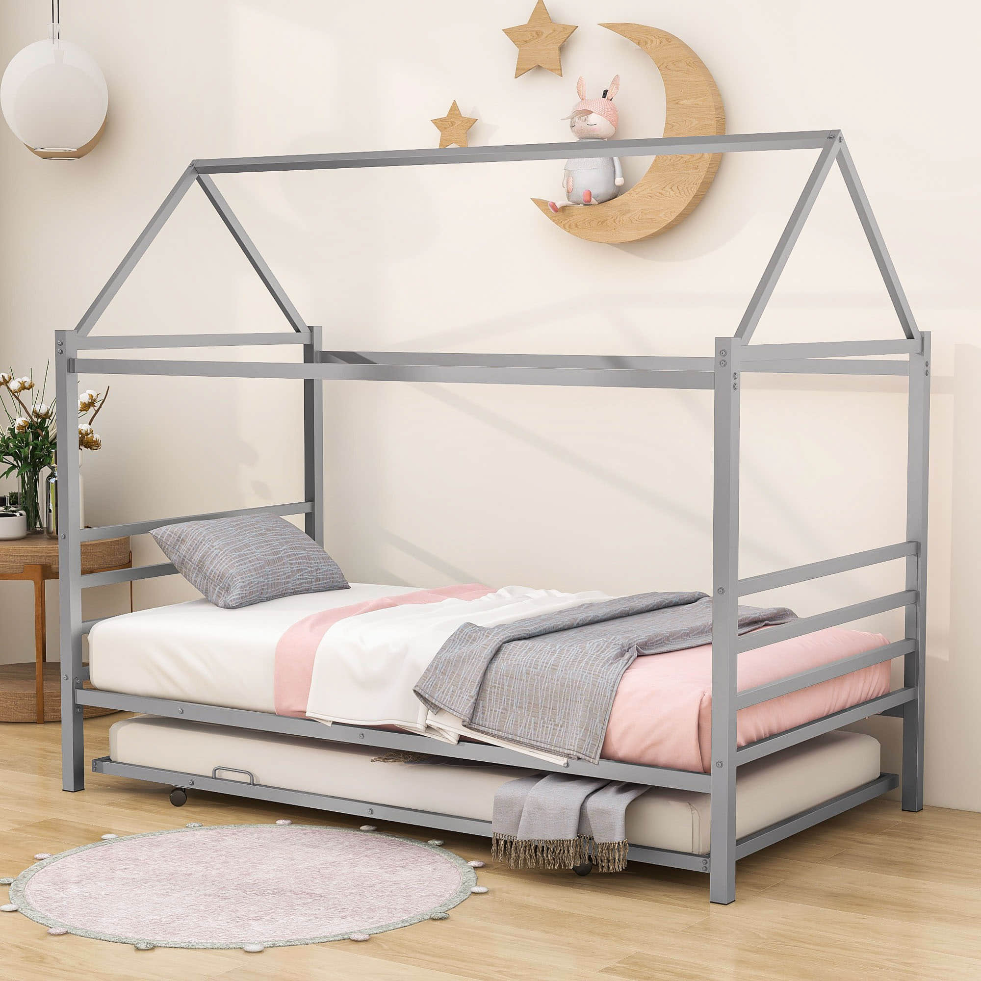 Metal Twin House Bed Frame with Twin Trundle Bed and Headboard