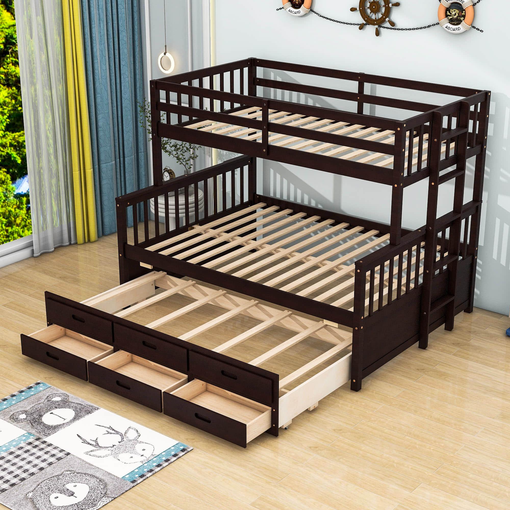 Wooden Twin Over Full Convertible Bunk Beds with Trundle and Storage