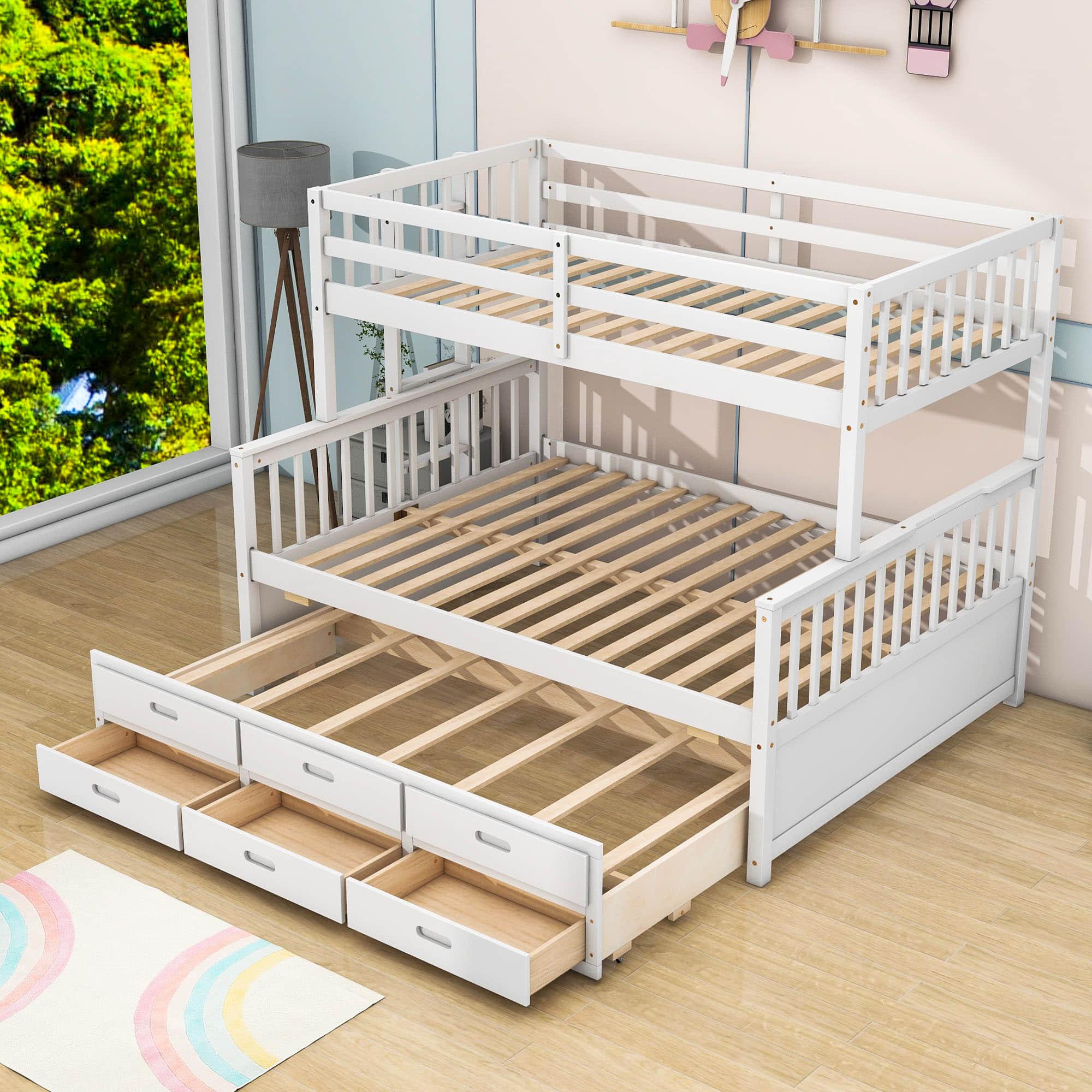 Wooden Twin Over Full Convertible Bunk Beds with Trundle and Storage