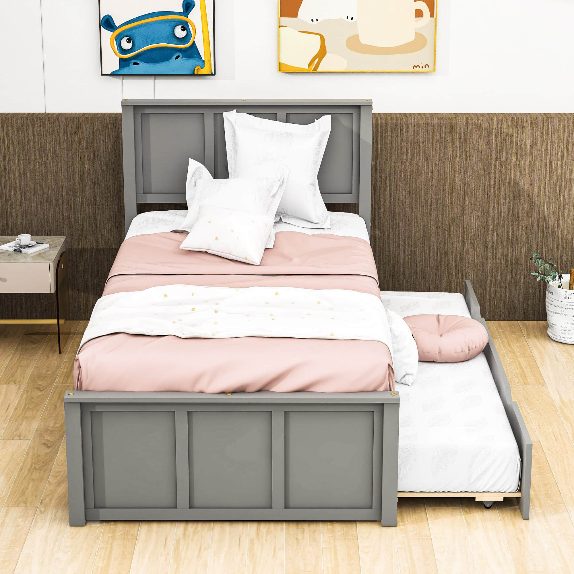 Classic Twin Platform Bed with Twin Trundle and Headboard - [Wood]