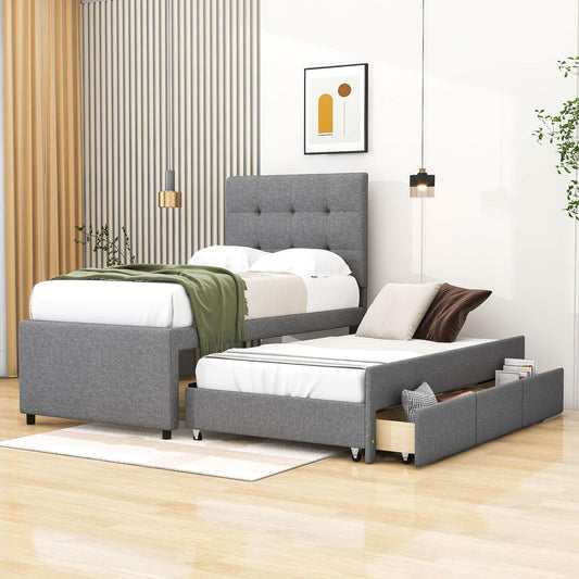 Twin Linen Upholstered Platform Bed Frame with Storage and Trundle