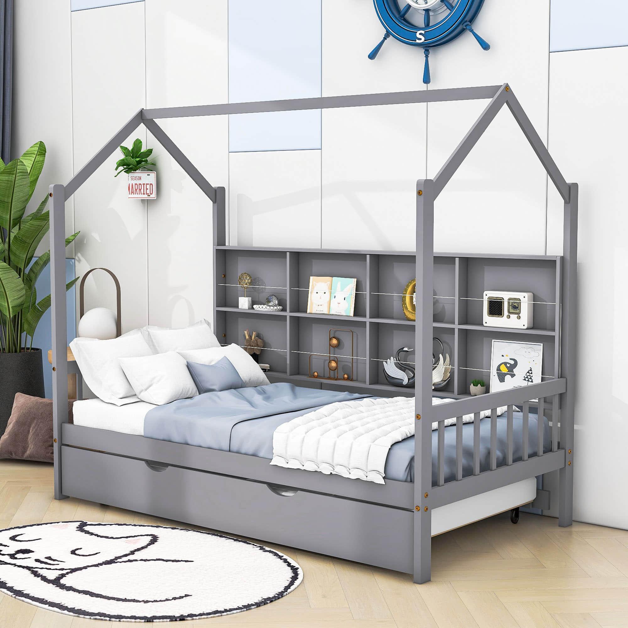 Twin Size Kids House Bed Frame with Twin Trundle and Shelf above Bed