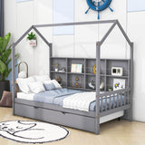 Twin Size Kids House Bed Frame with Twin Trundle and Shelf above Bed