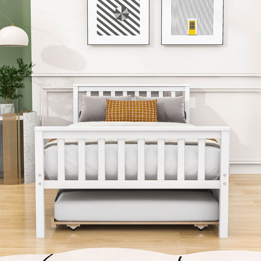 Twin Platform Bed Frame with Twin Trundle and Headboard - [Wooden, Footboard]