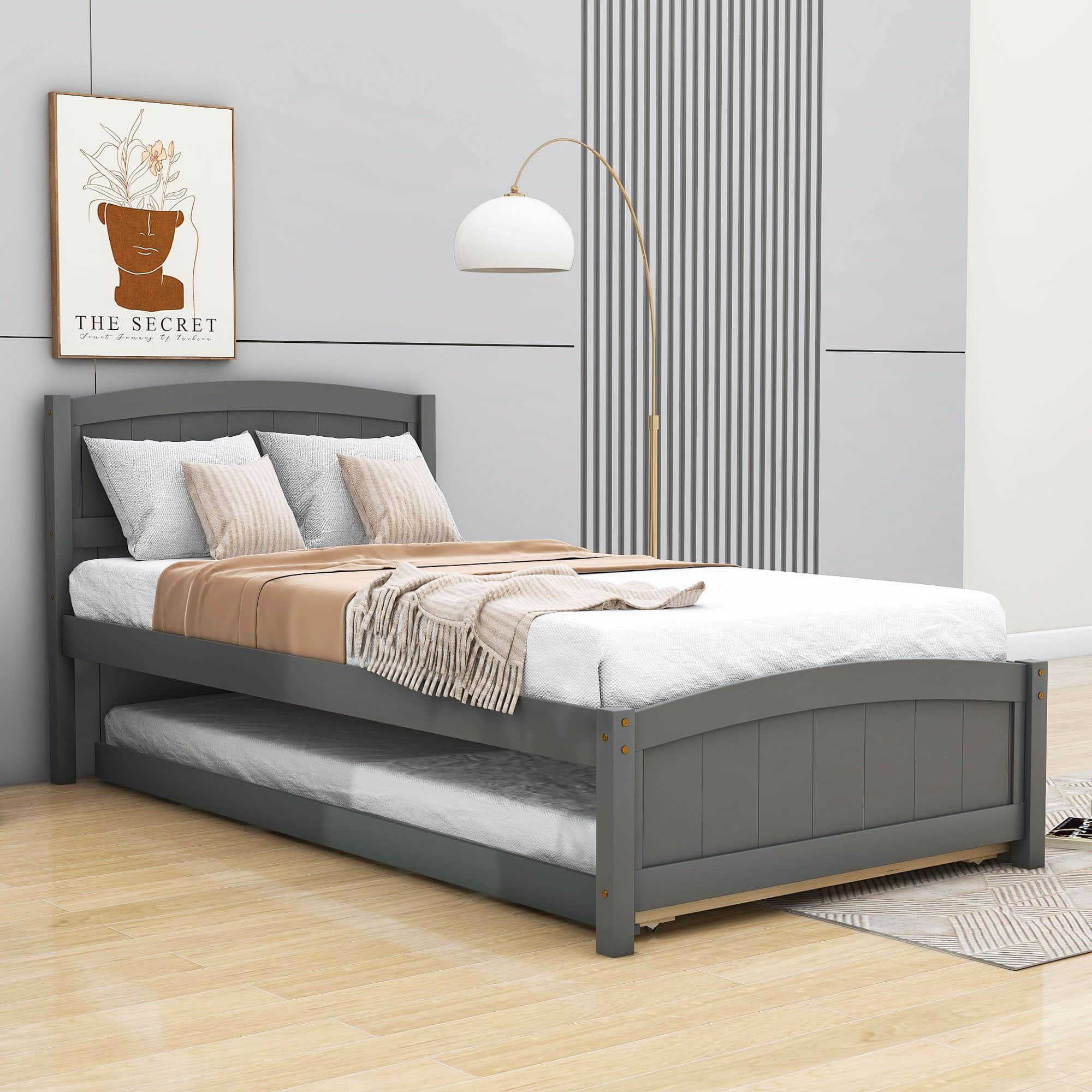 Twin Platform Bed Frame with Twin Trundle and Headboard