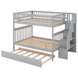 Wooden Full Size Bunk Bed with Stairs and Trundle, Storage Shelves