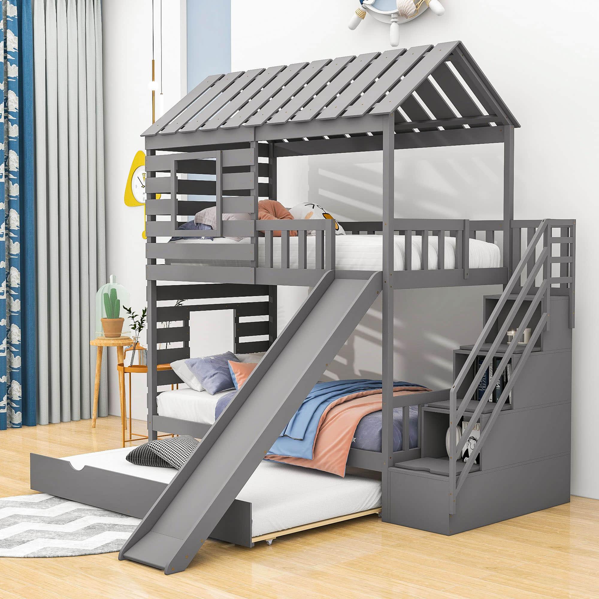 Twin Over Twin House Bunk Beds with Slide and Stairs, Trundle for Kids - [Wooden]