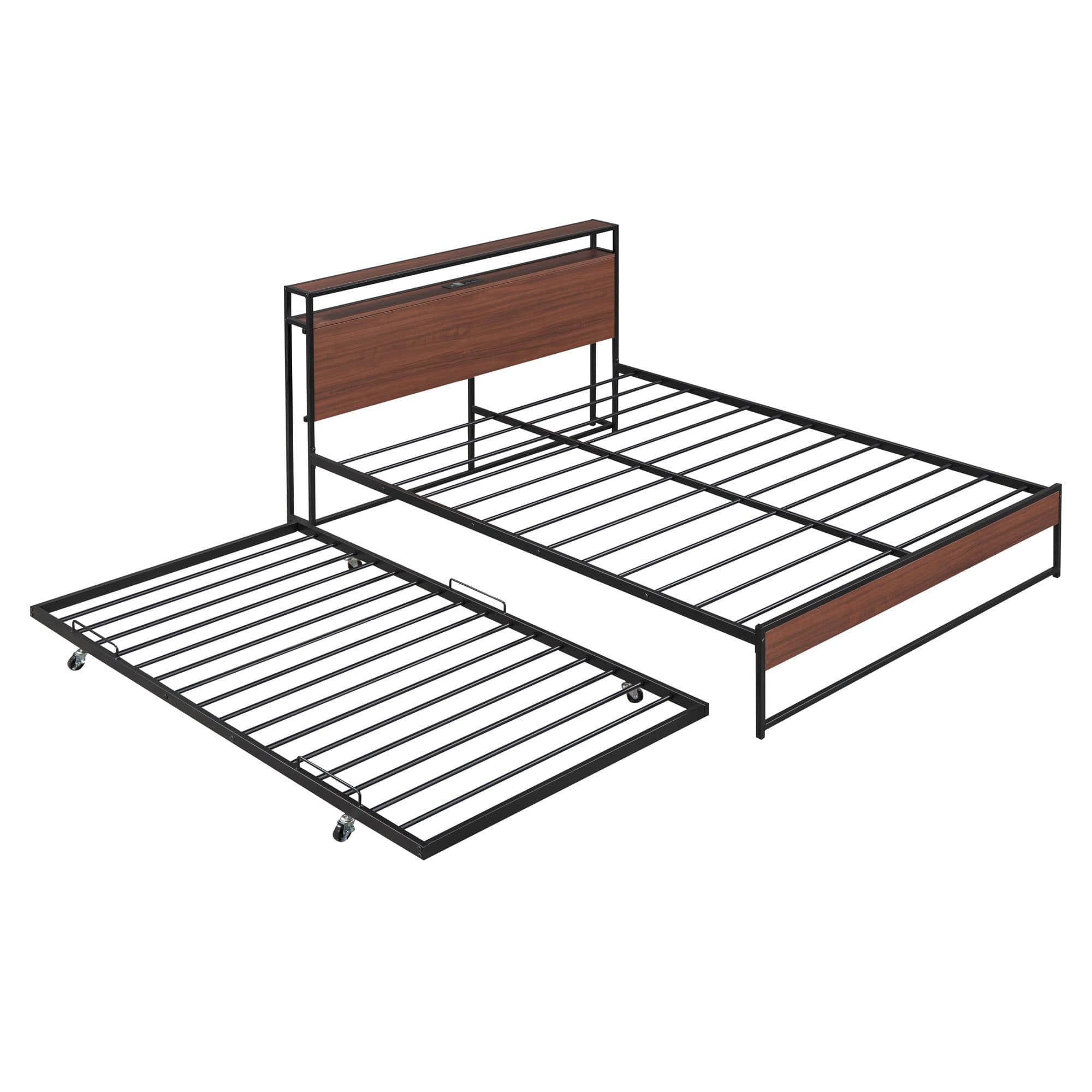 Metal Queen Size Smart Platform Bed with Twin Trundle Bed and Shelf Headboard