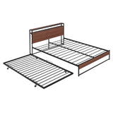 Metal Queen Size Smart Platform Bed with Twin Trundle Bed and Shelf Headboard