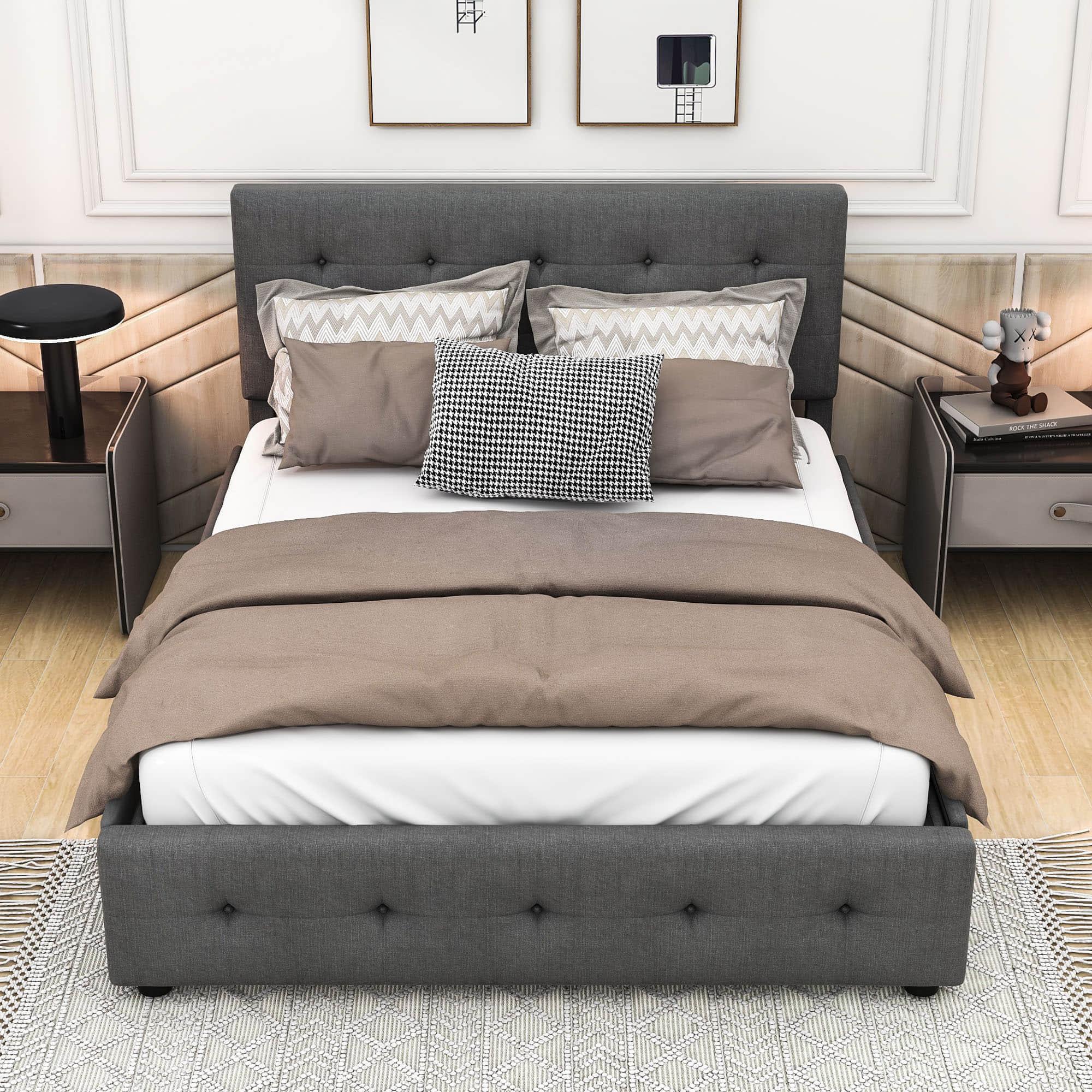 Upholstered Queen Size Platform Bed with Storage and Twin XL Trundle - [Headboard]