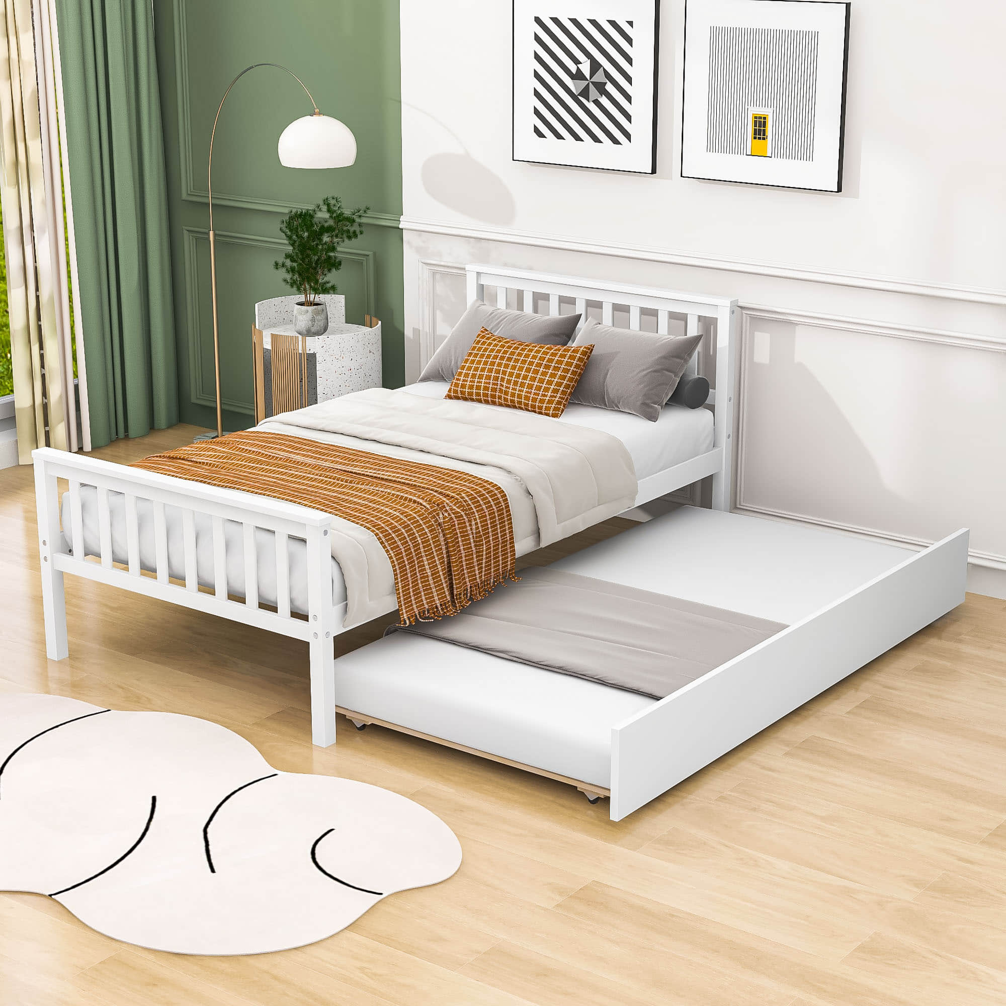 Twin Platform Bed Frame with Twin Trundle and Headboard - [Wooden, Footboard]