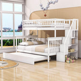 Wooden Twin Over Full Bunk Bed with Stairs and Trundle, Storage Shelves