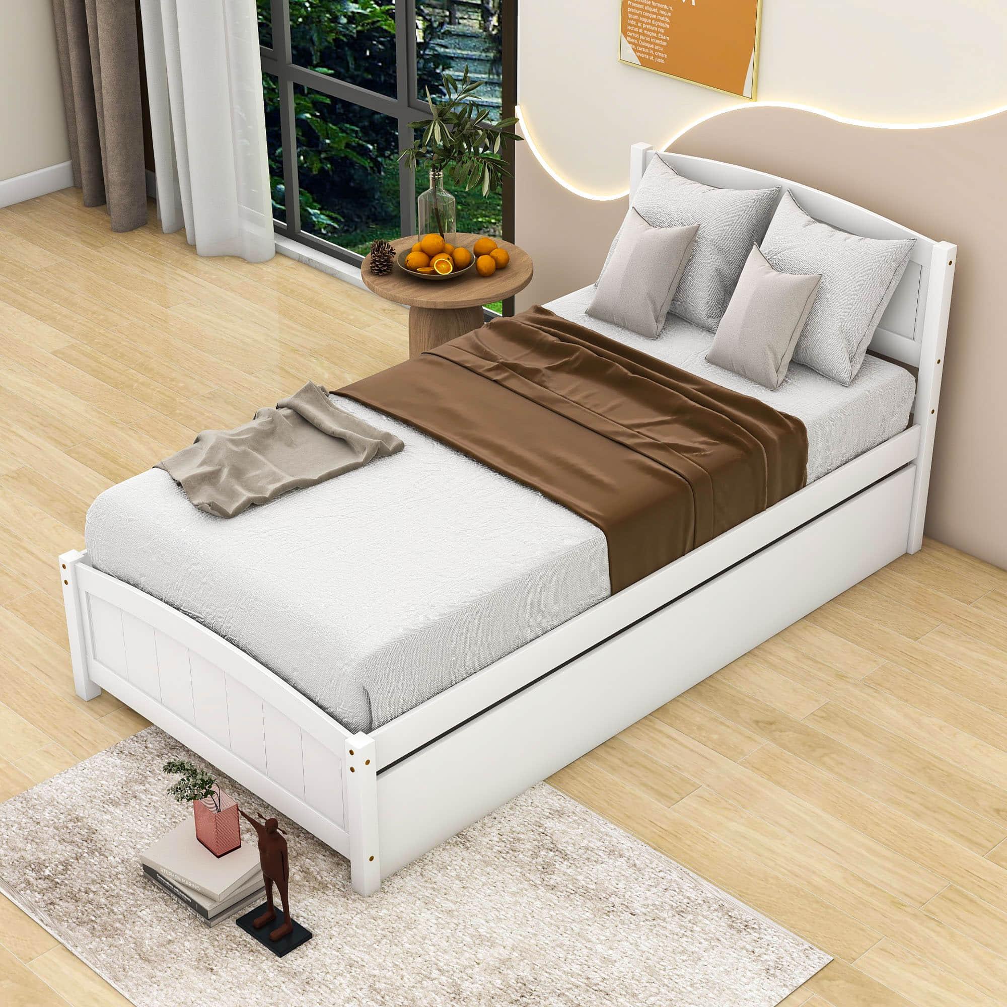 Twin Platform Bed Frame with Twin Trundle and Headboard