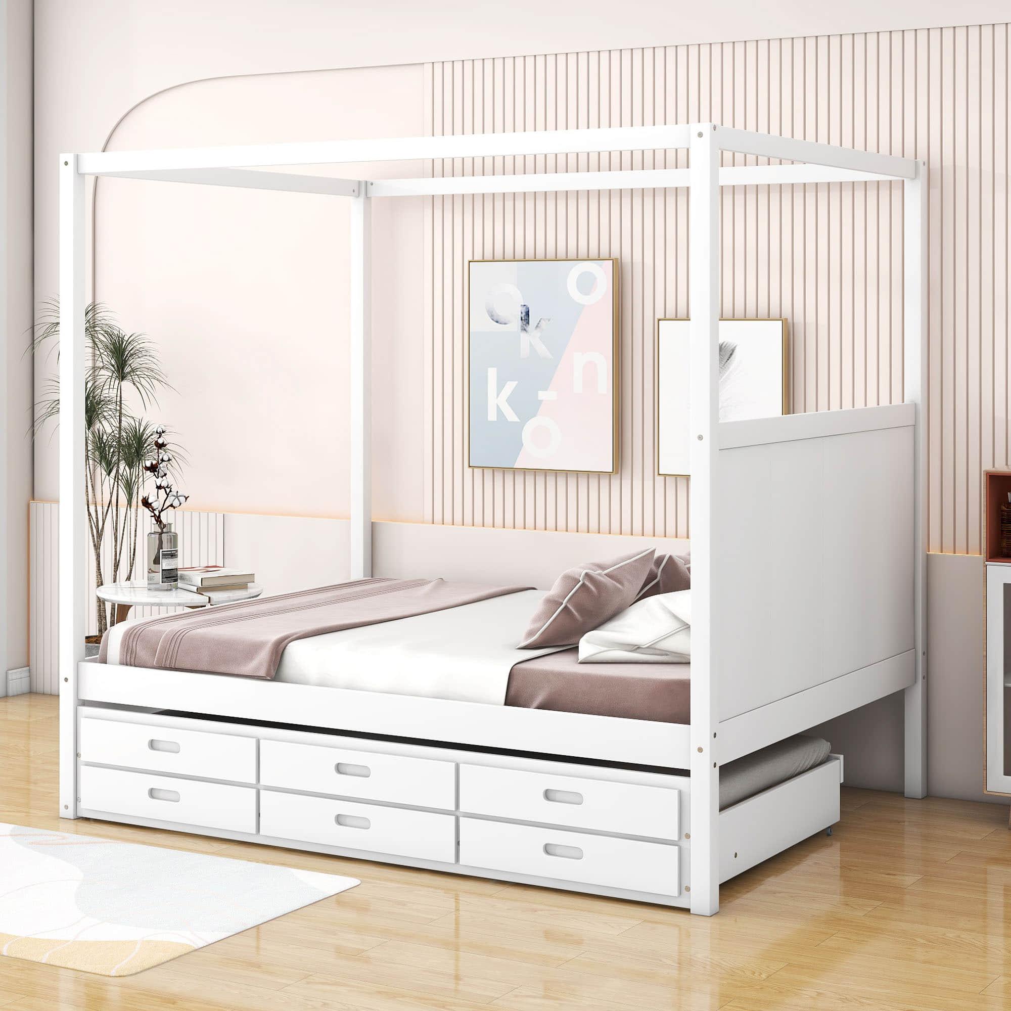 Queen Size Captain's Canopy Bed with Twin Trundle Bed and Storage - [Wooden, Drawers]