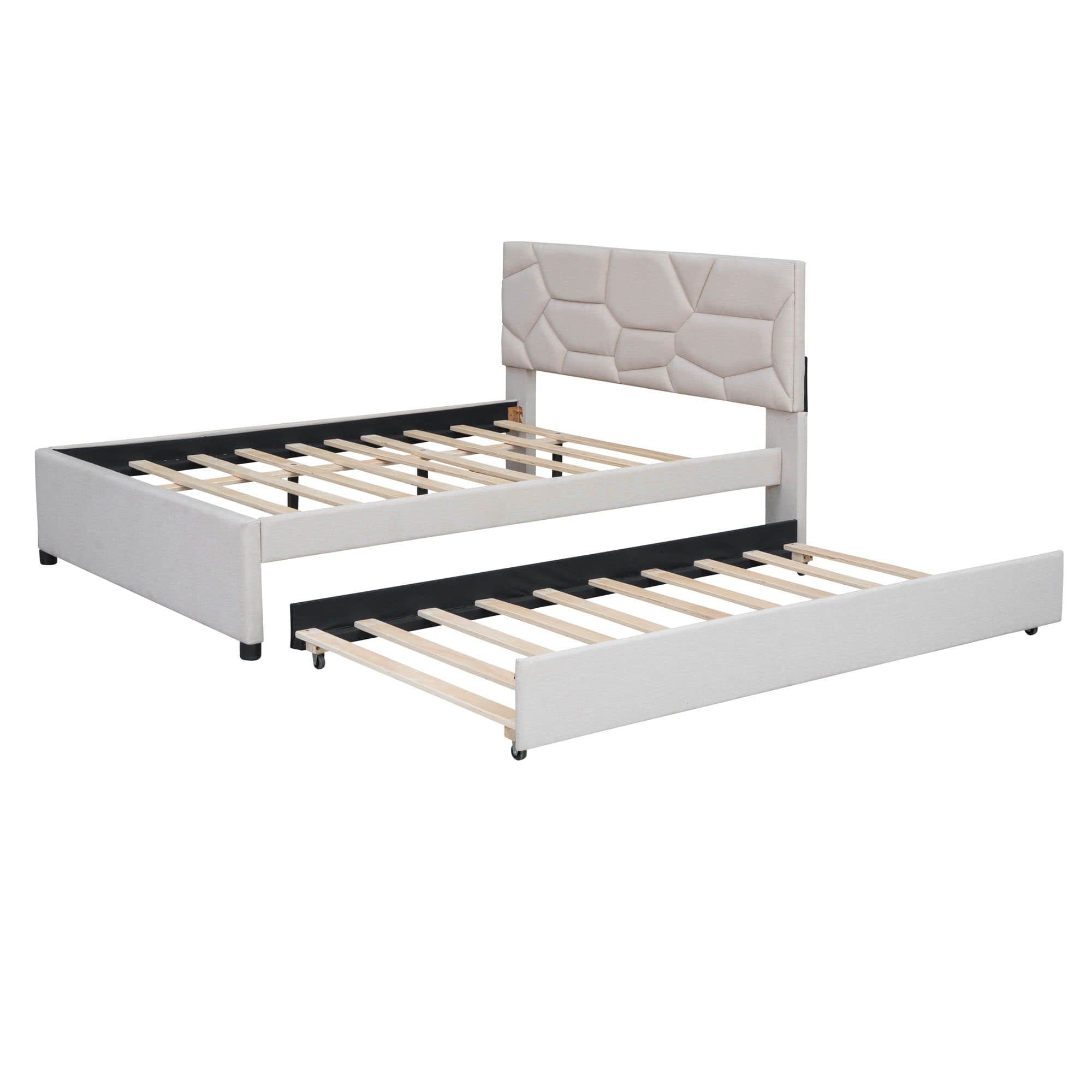 Full Upholstered Platform Bed Frame with Headboard, Twin Trundle Bed