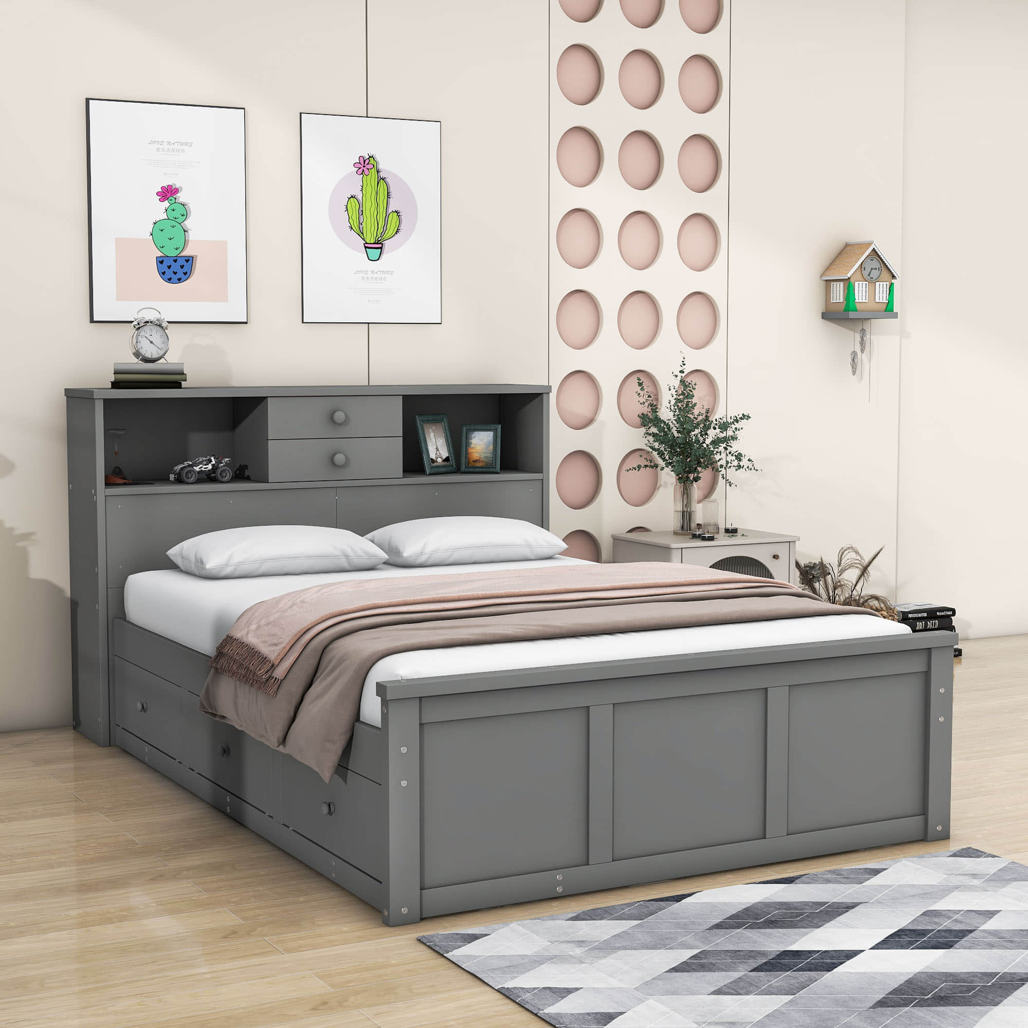 Wood Smart Full Platform Bed with Twin Trundle and Storage Headboard