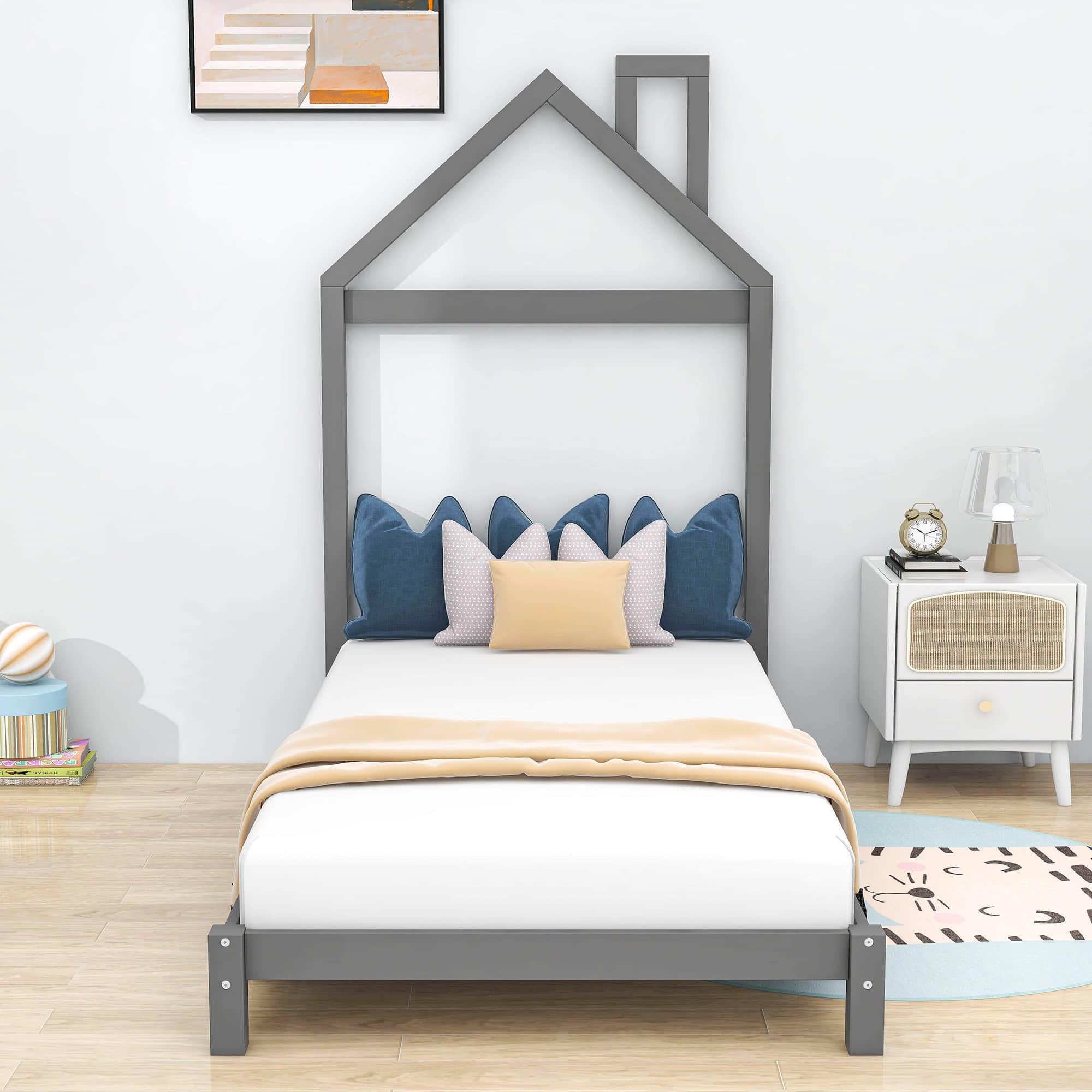 Wood Twin Size Low Platform Bed with House-shaped Headboard