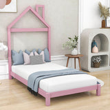 Wood Twin Size Low Platform Bed with House-shaped Headboard