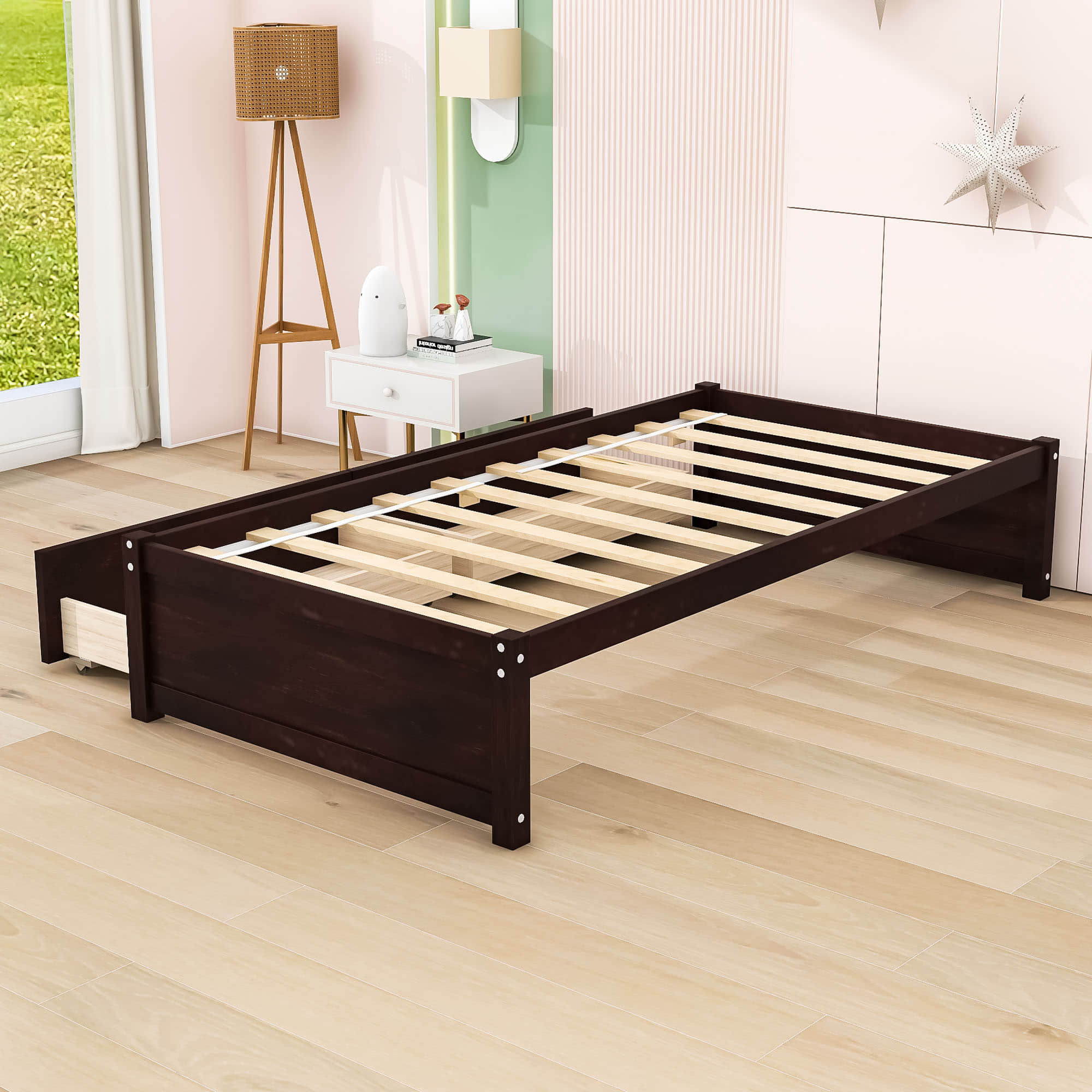 Solid Wood Twin Platform Bed Frame with Storage - [Drawers]