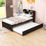 Wooden Twin Platform Bed with Twin Trundle Bed and Storage Headboard - [Shelves]