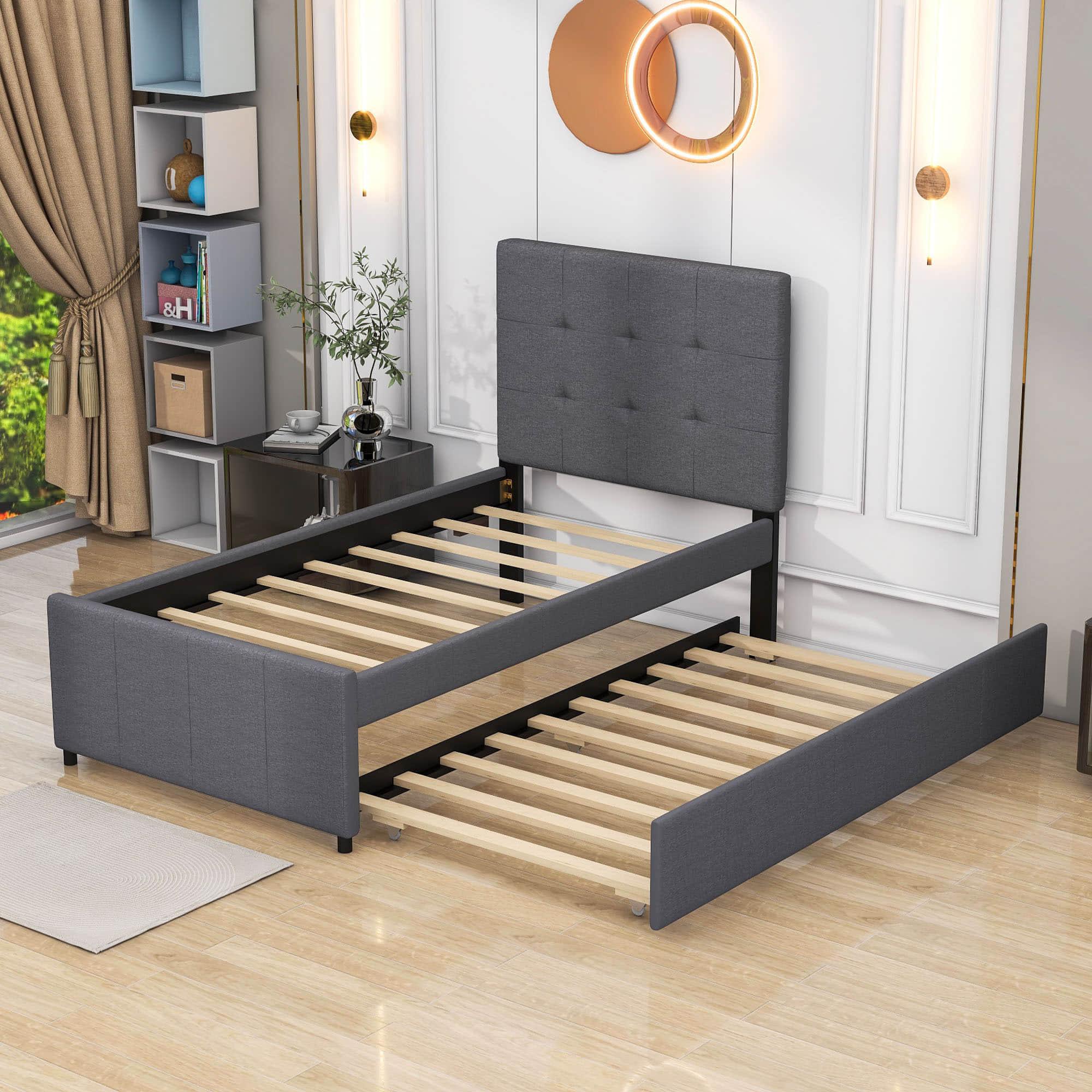 Twin Upholstered Platform Bed with Headboard and Trundle - [Linen]