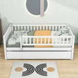 Wooden Twin Low Kids Bed with Twin Size Trundle and Rails