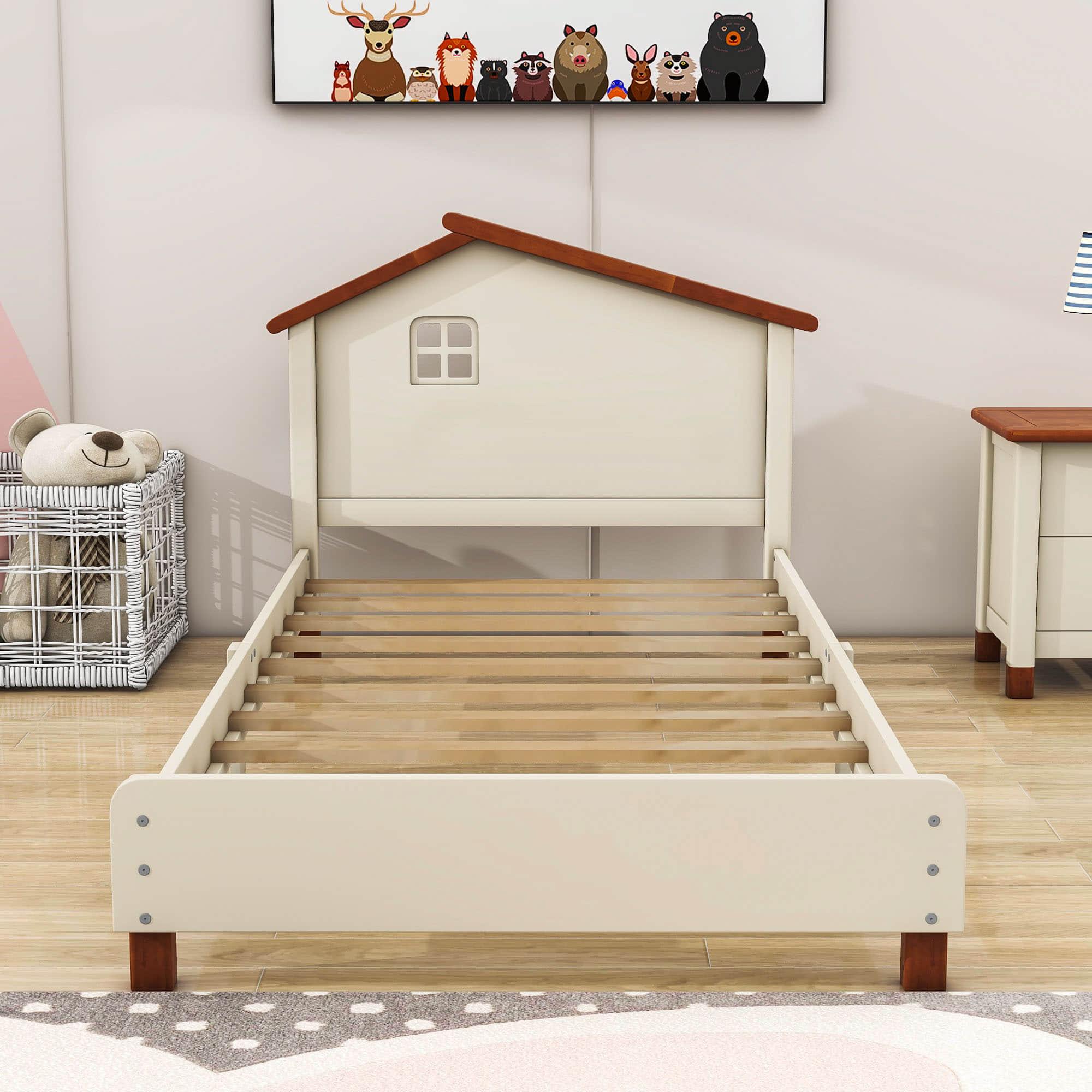 Twin Wood Girls Platform Bed with House-Shaped Headboard