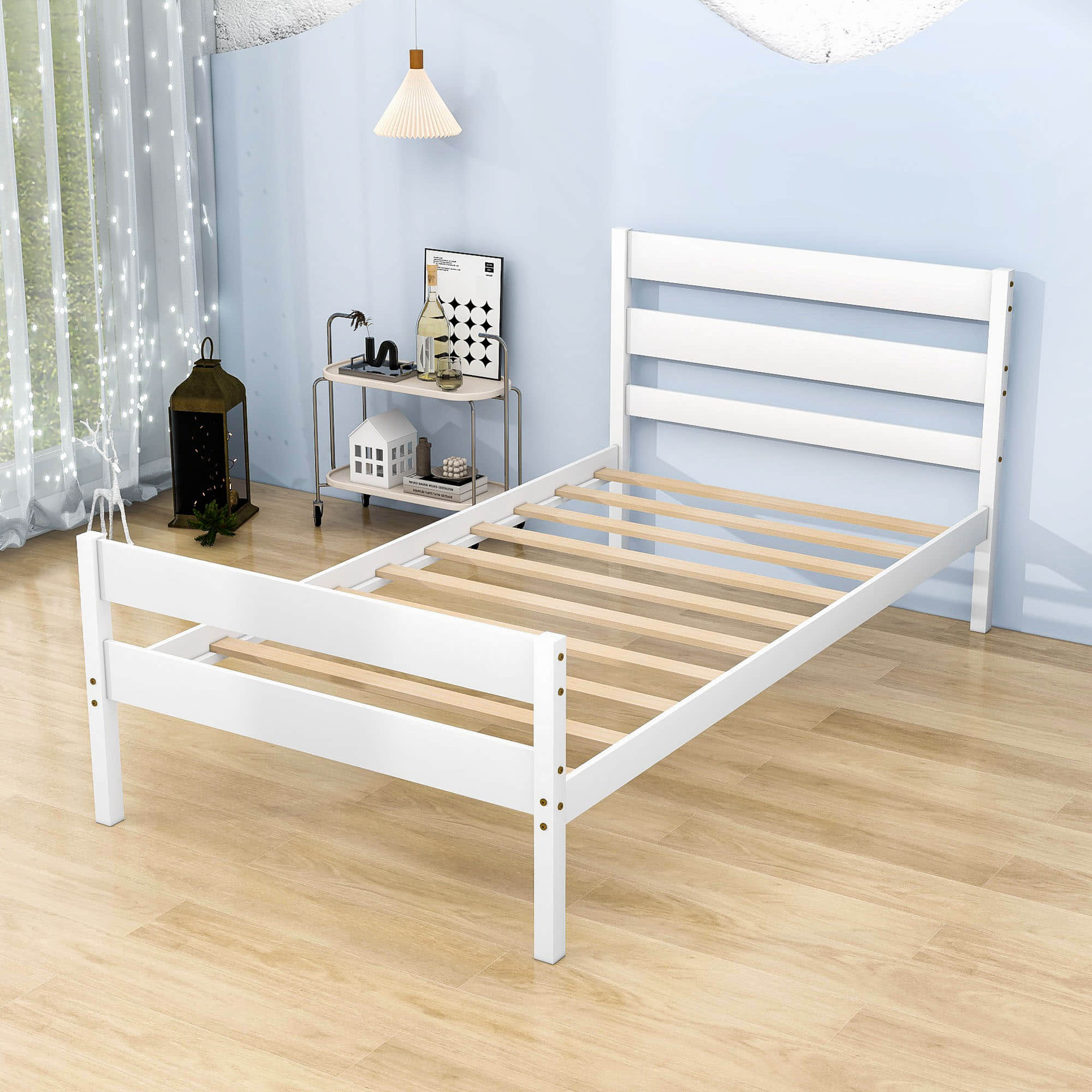 Wooden Twin Bed Frame with Slat Headboard and Footboard