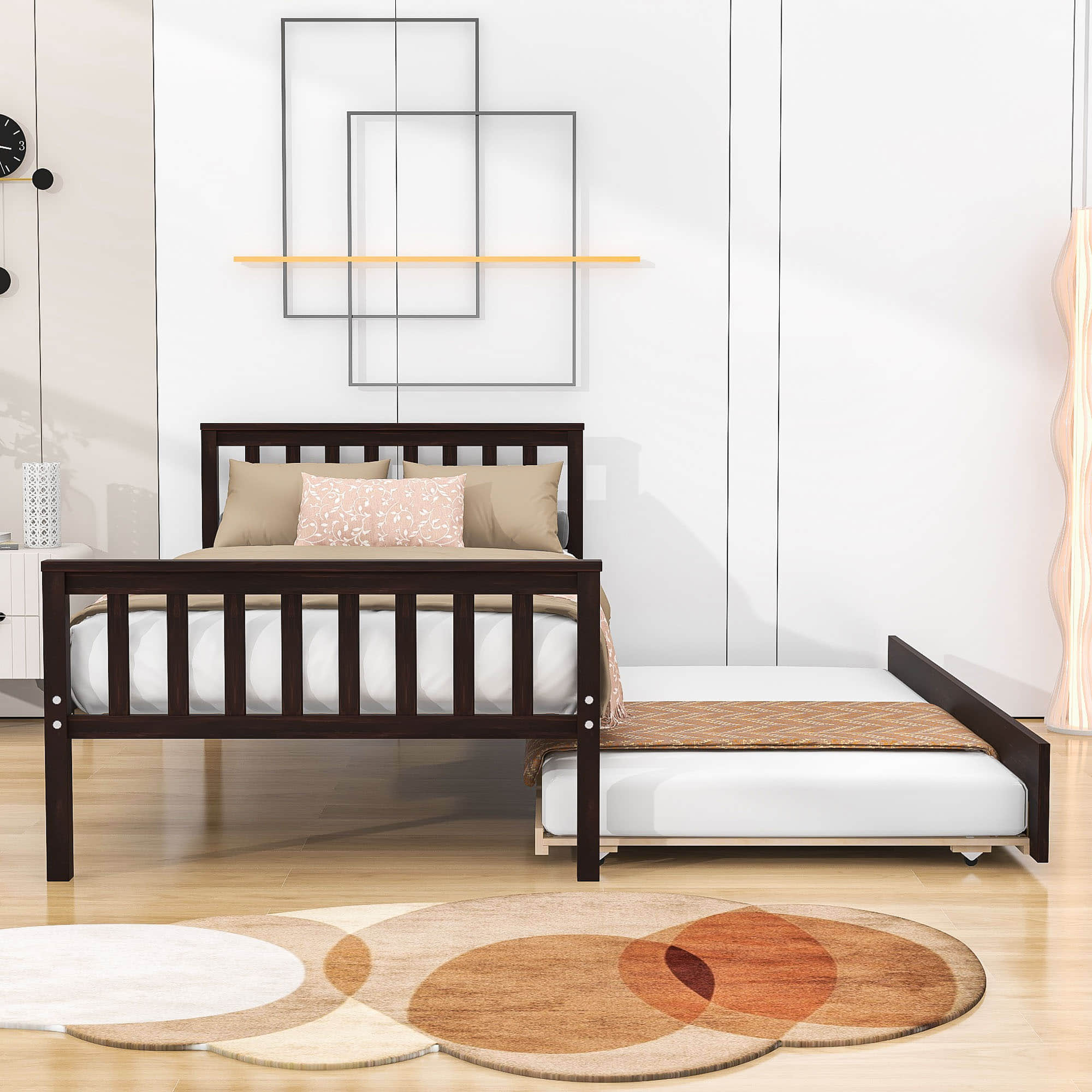 Twin Platform Bed Frame with Twin Trundle and Headboard - [Wooden, Footboard]