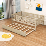 Wooden Twin Low Kids Bed with Twin Size Trundle and Rails