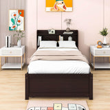 Wooden Twin Platform Bed with Twin Trundle Bed and Storage Headboard - [Shelves]