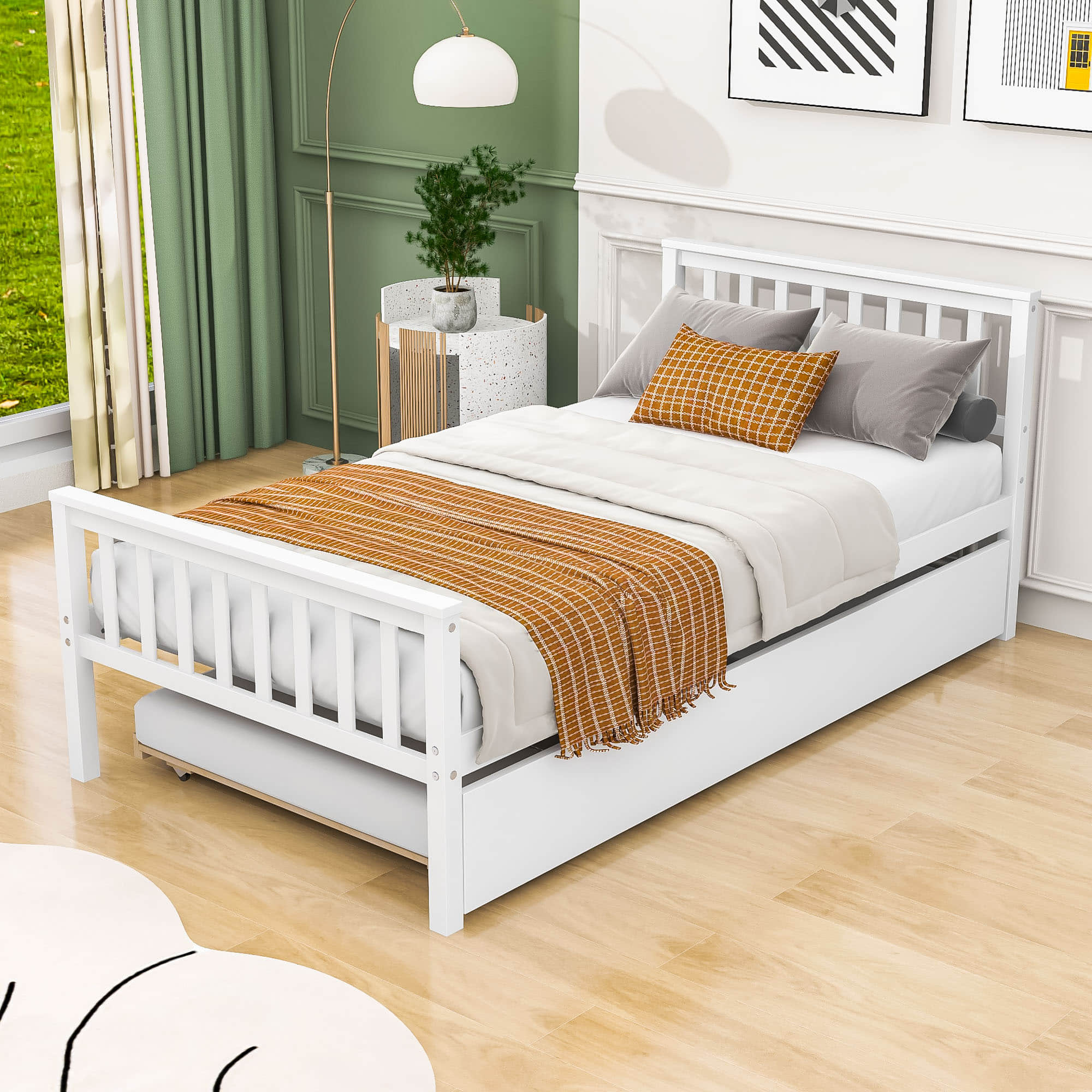 Twin Platform Bed Frame with Twin Trundle and Headboard - [Wooden, Footboard]