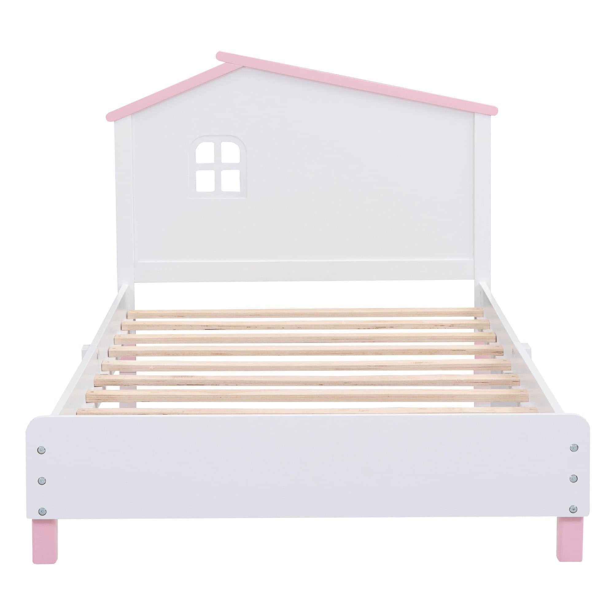 Twin Wood Girls Platform Bed with House-Shaped Headboard