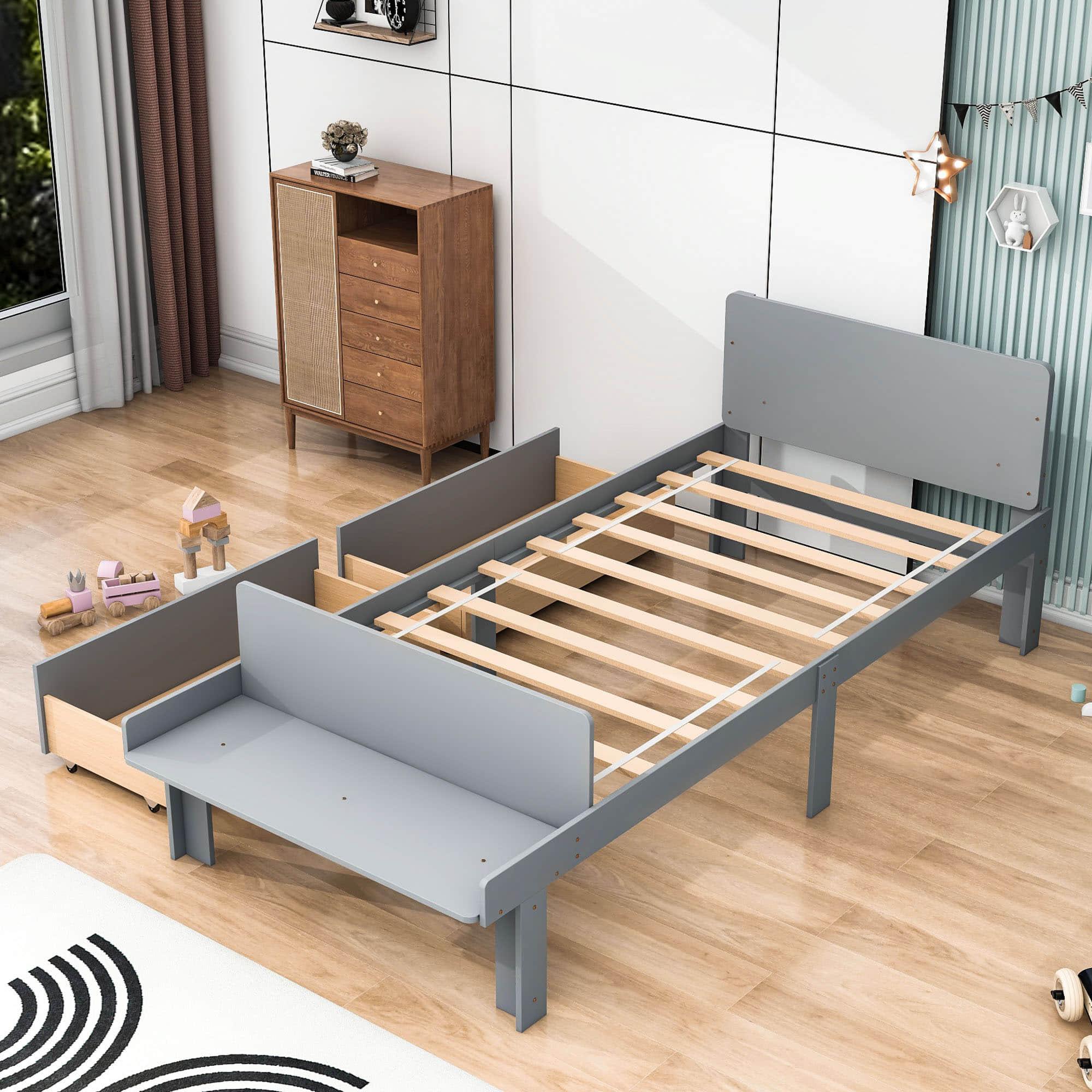 Twin Kids Bed Frame with Headboard and Footboard Bench, Storage