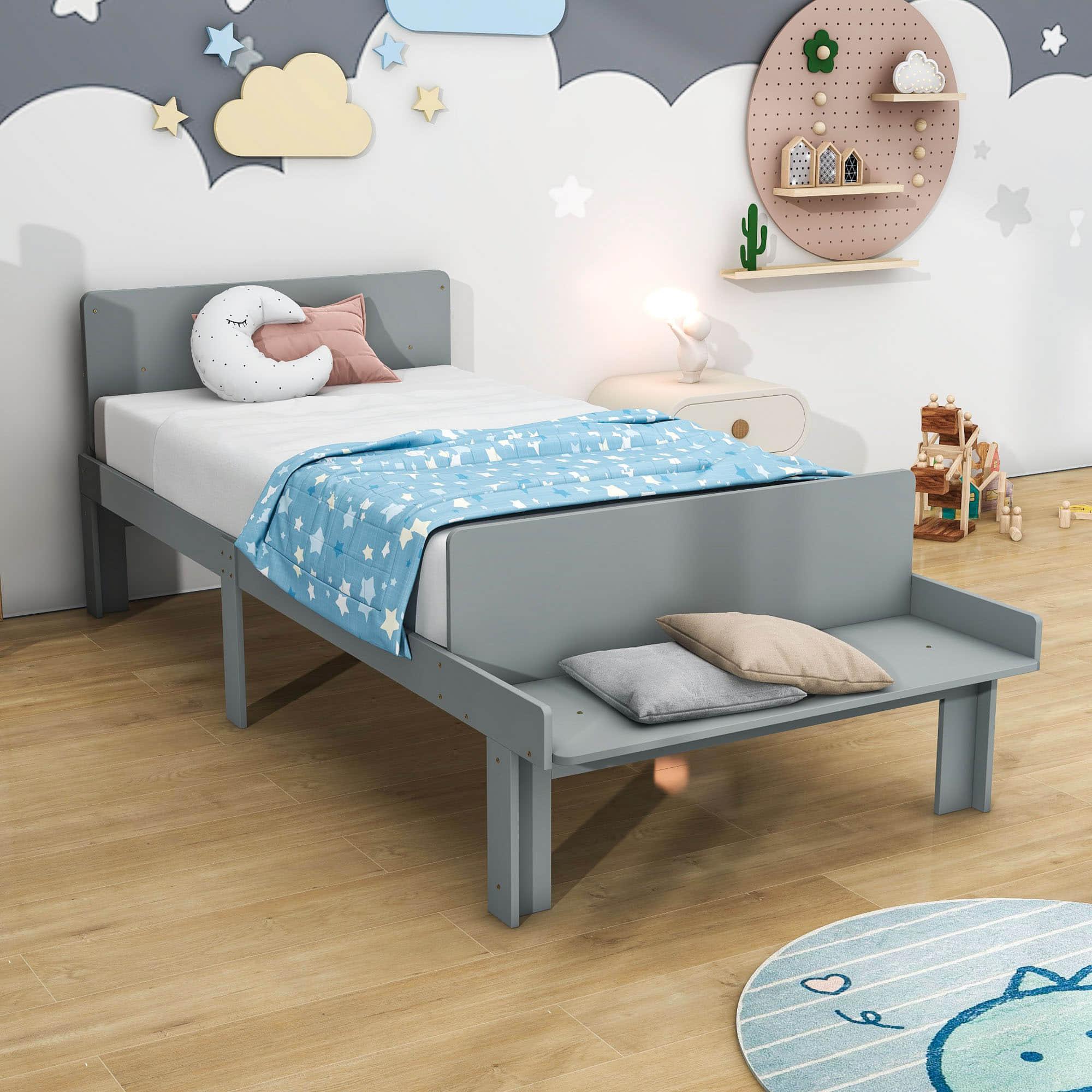 Kids Bed Frame with Headboard and Footboard Bench