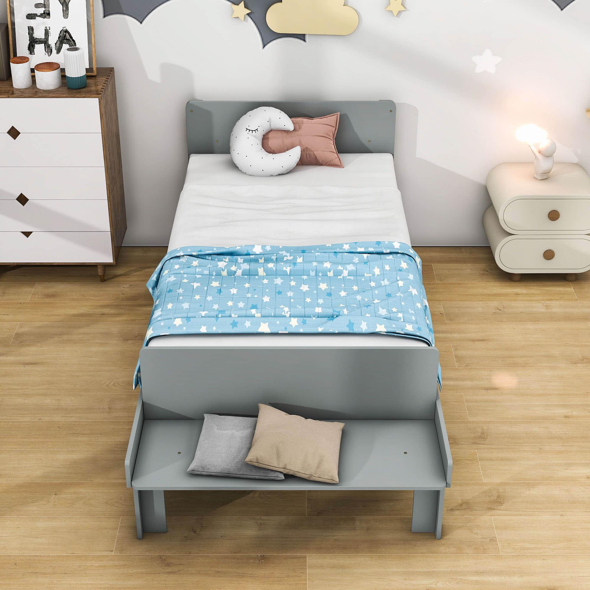 Kids Bed Frame with Headboard and Footboard Bench