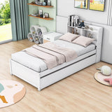 Wooden Twin Platform Bed with Twin Trundle Bed and Storage Headboard - [Shelves]