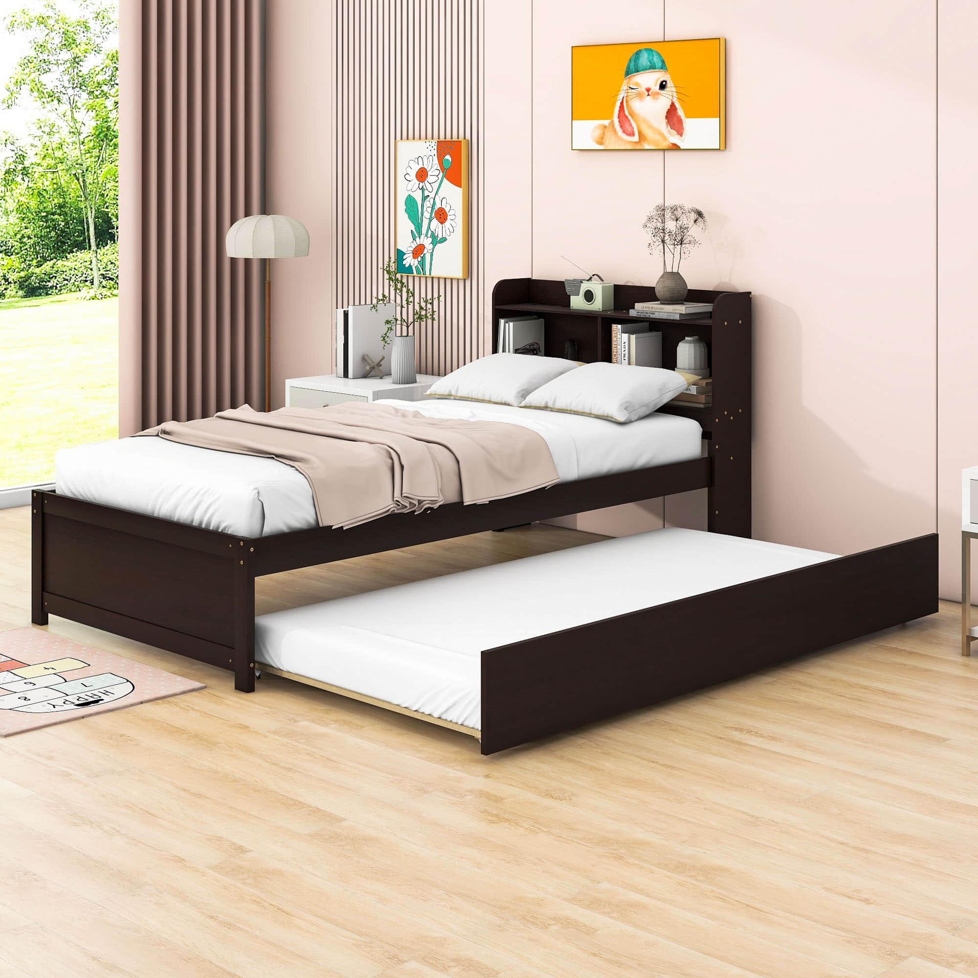 Wooden Twin Platform Bed with Twin Trundle Bed and Storage Headboard - [Shelves]