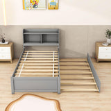 Wooden Twin Platform Bed with Twin Trundle Bed and Storage Headboard - [Shelves]