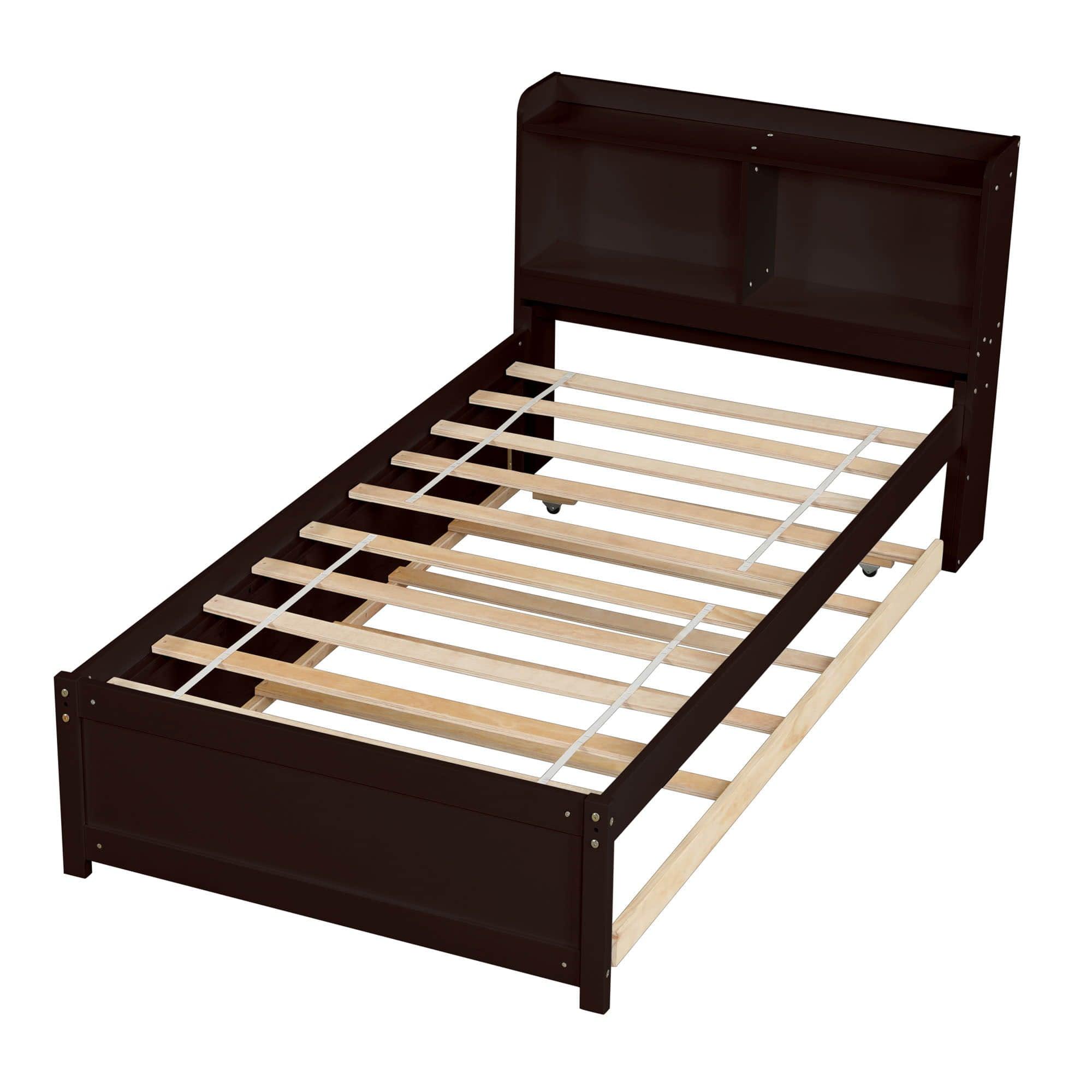 Wooden Twin Platform Bed with Twin Trundle Bed and Storage Headboard - [Shelves]