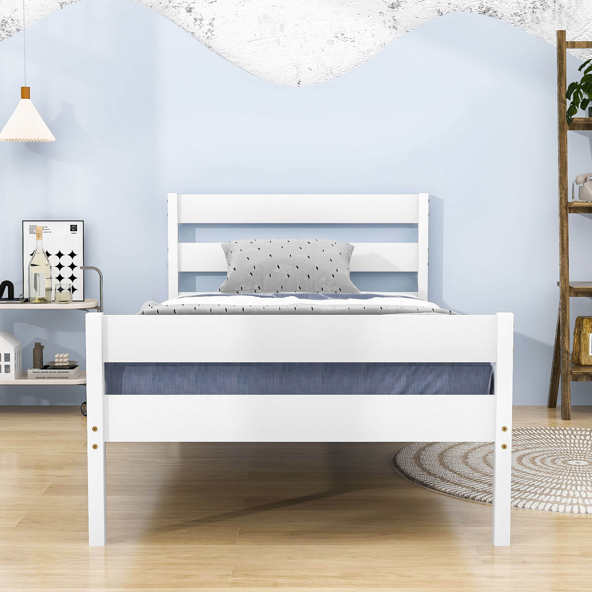 Wooden Twin Bed Frame with Slat Headboard and Footboard